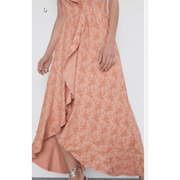 Zara Midi Wrap Texture Ruffled‎ Dress Large Jacquard style fabric Orange - Picture 5 of 11